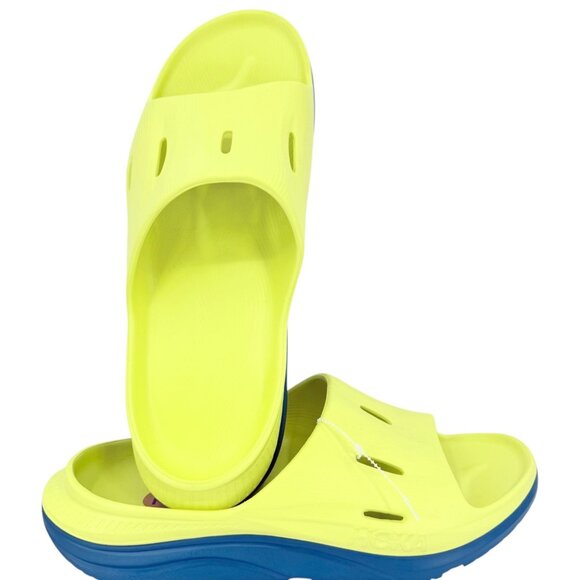 Hoka Men's One One Ora Recovery Slide Sandals Size 12 Yellow Blue Lagoon NWOB - Picture 1 of 14
